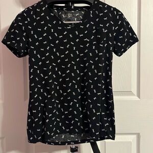 Loft Ann Taylor Black Pocket Tee W/ Bow Print Detail Size Small